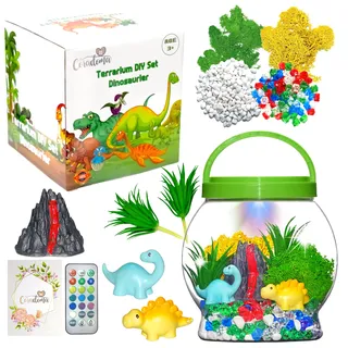 Terrarium Kit Dinosaurier für Kinder | DIY Bastelset Spielzeug Set mit Nachtlicht Lampe | Junge und Mädchen Geschenke 3 4 5 6 7 8+ Jahre Basteln Kreativ Deko