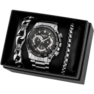 Herrenuhr Business Quarz Kalender Wasserdicht Armbanduhr Silber Armband Geschenkset für Freund Reloj Hombre