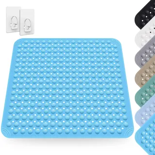 Duschmatte rutschfest 80 x 80 cm, Duscheinlage rutschfest, Antirutschmatte Dusche, Rutschmatte aus PVC, Badewannenmatte rutschfest, Waschmaschinenfest, für Dusche und Sauna, inkl. 2 Haken, MeeresBlau