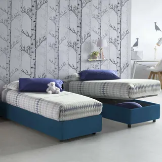 Talamo Italia - Einzelbett Amelia, Bettkasten mit Stoffbezug, 100 % Made in Italy, Öffnung vorne, inklusive Matratze 80 x 190 cm, Blau