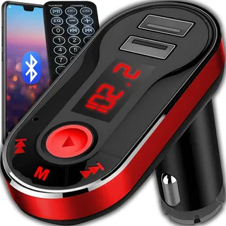 Retoo Bluetooth FM Transmitter fürs Auto, Dual USB, LCD, Freisprechanlage | 2 x 2,1 A USB, 87,5–108 MHz, TF-Karte bis 32 GB, AUX, Fernbedienung bis 3 m, schwarz/rot