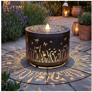 Arnusa Gartenbrunnen Metall Springbrunnen Lichtspiel rund Wasserspiel warmweiß, 45 cm Breite, Gartendekoration, tolles Lichtspiel braun