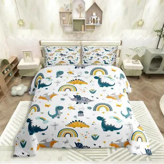 Homewish Dino Kinder Bettwäsche 135x200cm Kleinkinder Dinosaurier Bettwäsche für Teenager Jungen Mädchen,Buntes Cartoon Dino Regenbogen Blumen Schmetterling Sternemuster Bettbezug Set 1 Kissenbezug