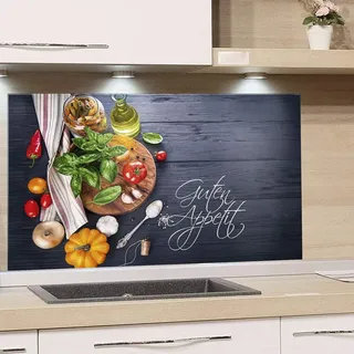 GRAZDesign Spritzschutz Küche Herd, Gemüse auf Holz, dunkelgrau mit Guten Appetit, Küchenrückwand aus Echtglas, Wandschutz Glasbild 4mm ESG Glas / 100x50cm