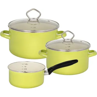 Krüger Topf-Set Emaille Topfset Juist, Emaille (Set, 5-tlg., Fleischtopf Ø 16 + Ø 20 cm mit Deckel, Stieltopf Ø 16 cm), mit Literskala, schnitt- & kratzfest, spülmaschinengeeignet grün