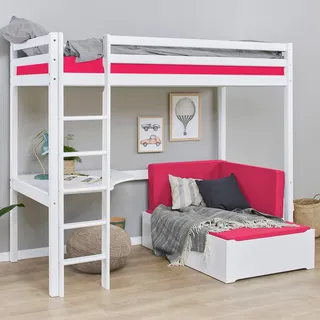 Hochbett »ECO Dream«, Kinderbett mit Schreibtisch & Loungesofa, Kiefer, weiß lackiert + pink, , 15855863-0