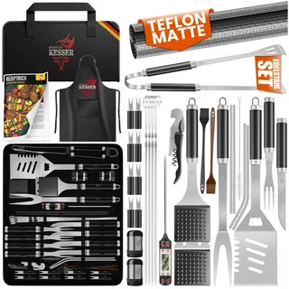KESSER Grillbesteck-Set, (Grillzubehör Set mit Grillzange, Grillwender, 4in1 Grillspatel, Grillgabel, Grill-Spieß, Thermometer, Korkenzieher, Grillmatte & Tasche, 37 tlg), BBQ Profi Grillset aus rostfreiem Edelstahl mit Tasche & Thermometer schwarz