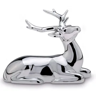 H.Bauer jun. Kleine liegende Porzellan Deko Rentier Figur - silbern glänzende Hirsch Geweih Weihnachts-Deko zum Hinstellen Höhe 11 cm