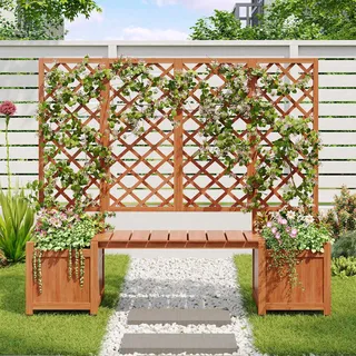 Pflanzkasten Mit Rankgitter Und Bank Aus Massivem Tannenholz, Hochbeet Mit Kletterhilfe Für Garten Und Terrasse, Rot
