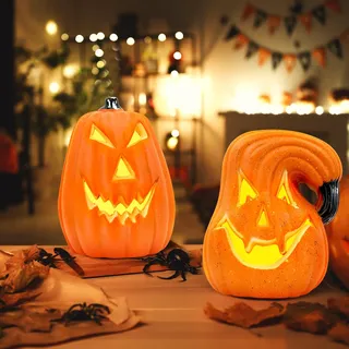 Lergas Halloween Deko LED Kürbis Lampe, Licht, Kerzen, Ausgehöhlte Kerze Batteriebetrieben für Dekoration, Party Tischdeko (A+B)