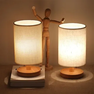 Tischlampe Nachttischlampe Holz, Tischlampe Vintage, Kleine Tischleuchte, Retro Landhaus, Lampenschirm Aus Leinen, Für Deko Schlafzimmer, Wohnzimmer, Geschenk, Beige, Geschenke Für Frauen (2er Set)