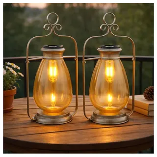 GLOBO LIGHTING LED Solarleuchte, LED-Leuchtmittel fest verbaut, Warmweiß, 2x Solarleuchte Laterne Außenlampe LED Gartendeko Glas amber silberfarben