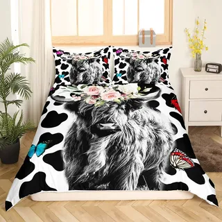 Hochland Rinder Bettbezug Set, Kinder Kuh Bettwäsche Set 200x200 Western Cowboy Tier Tröster Bezug für Jungen Mädchen Teenager Schlafzimmer, Stier Rinder Schmetterling Bettbezug Mit 2 Kissenbezüge