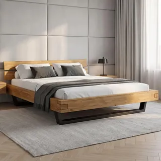 skølm Hervar Balkenbett 180x200 cm – Massivholzbett Wildeiche geölt – hochwertiges Bettgestell mit Metallkufen – massives Holzbett mit Bettkopf – Bettrahmen geeignet als Doppelbett – Balkenholz Bett