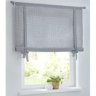 Kutti Cottage Kariertes Raffrollo Raffgardine mit Tunnelzug für Gardinenstangen, Landhaus-Gardine Küche Karo weiß-grau, Bindegardine, Rollgardine, Breite 80 cm x Höhe 100 cm
