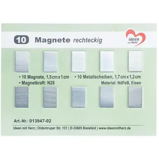Ideen mit Herz | Mini Magnete Rechteckig | 10 Stück | Kleine Flache Magnete zum Basteln | 1,5 cm x 1 cm | 10 Metallscheiben Gegenstücke 1,7 cm x 1,2 cm