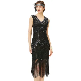 BABEYOND Damen-Charleston-Kleid, 1920er-Jahre, V-Ausschnitt, Great Gatsby-Kleid mit Perlen, Fransen - S
