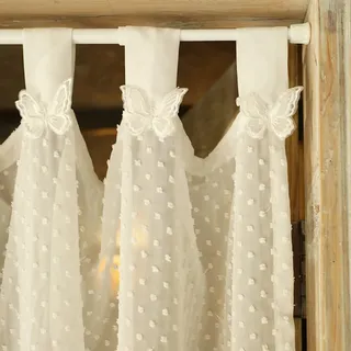 A.Monamour Gardine Scheibengardinen Kurzstores Weißer Halbtransparenter Voile Gardine Mit Schmetterlings Pompon Kurzvorhang Kurzgardinen Küchengardine Küche Vorhang Fenster Kurz Stores Bistrogardine