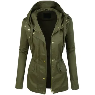Damen Parka Leichter für, Frühlings- und Sommerjacke mit Kapuze, Damen-Outdoor-Mantel, Reisen, Wandern und Gehen, durchgehender Reißverschluss, Außenmaterial aus 100 % Baumwoll-Twill (Olive, S) - S