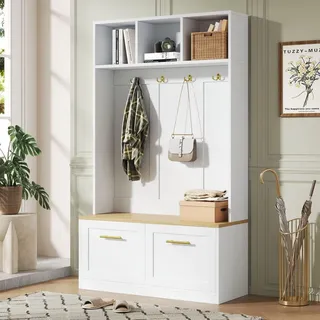 Merax Garderobenständer, Garderobenset mit Sitzbank, offenem Stauraum und 2 Türen - Kompaktgarderobe mit 4 Haken, 105 × 40 × 180 cm, Natur + Weiß - Weiß