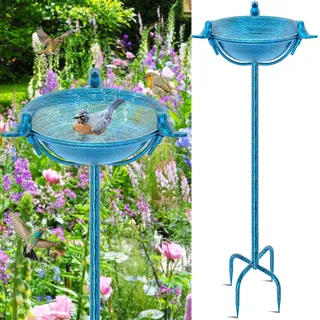 FaloStwer Metall Vogelbad Garten für Wildvögel Wassertränke Mit 3 Vogelskulpturen, Vogeltränke Futter Schale Wasserstelle Stehend, Vogelbad Futterstelle für das Blumenbeet oder (Retro Blau)