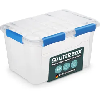Kreher® Aufbewahrungsbox mit Deckel (50 Liter) – Wasserdichte Box stapelbar, Luftdichte Box BPA- & schadstofffrei, robuste Lagerboxen mit Silikondichtung, Kunstoffbox mit 6 Clips (1)