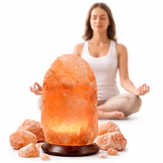 HAF Rosa Salzlampe aus echtem Kristallsalz | 4-6 kg Salzkristalllampe in Naturform | Salzsteinlampe auf Holzsockel aus der Salt Range Punjab | Dekorative Nachttischlampe für Wellness & Meditation