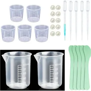 Messbecher Klein Set - 5 Stück 30ml Mini Messbecher, 2 Stück 100ml Plastik Mischbecher Epoxidharz Farbmischbecher mit 10 Rührstäbe,10 Transferpipe
