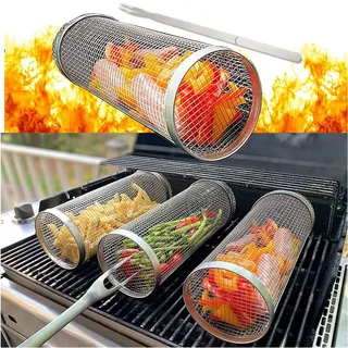 Rolling Grillkorb Zylindrischer Grillkorb Edelstahl mit Grillgabel, BBQ Grillrolle Grill Korb Grill Rack Grillen von Gemüse, Fisch, Fleisch Grillkorb Zylinder (1Stück, L (30CM))