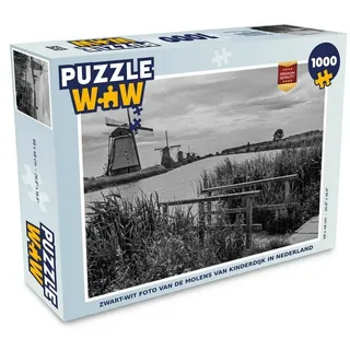 MuchoWow Puzzle Mühle - Niederlande - Schwarz - Weiß, 1000 Puzzleteile, Foto-Puzzle, Bilderrätsel, Puzzlespiele, Klassisch bunt 48 cm x 68 cm x 2 cm