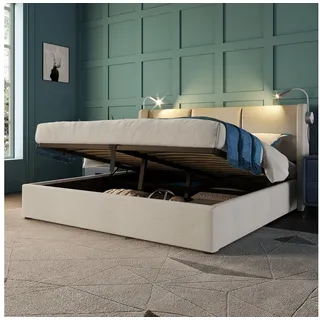 WISHDOR Polsterbett Polsterbett Doppelbett Stauraumbett Bett (160x200 mit lattenrost(Ohne Matratze) Beige), mit USB Ladefunktion Kopfteil, Kopfteil mit Leselampe beige|weiß