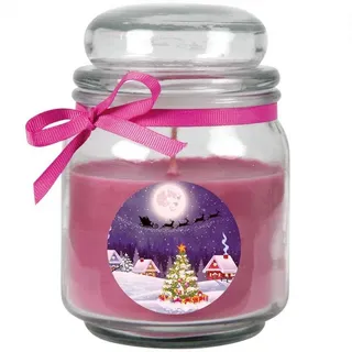 HS Candle Duftkerze (Dekokerze, 1-tlg), Weihnachten - Kerze im Bonbon Glas, Kerze mit Weihnachts - Motiv lila Ø 9 cm x 9 cm x 13 cm x 9 cm