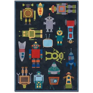 SRTJURFG Groß Kinderteppich Kinderzimmer Lernbereich Teppich Niedlicher Cartoon-Roboter dunkelblau 150x200CM