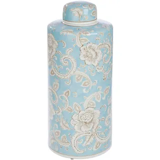 Gilde Deckelvase Fayencen - Keramik - glasiert - Blumenmuster - zylindrisch - Höhe 44 cm x Ø 18 cm - blau