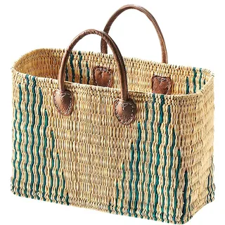 Kobolo Tasche Seegrastasche Korbtasche- STRIPES - Lederhenkel - grünes Muster - Schultertasche Umhängetasche Shoppingbag Bag Transport Korb Shopper - Braun