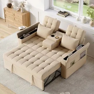 Merax Schlafsofa 2-Sitzer Sofa mit Schlaffunktion, Modernes Klappsofa 3-in-1 Schlafcouch mit Verstellbarer Rückenlehne, Armlehnen-Staufächern, Getränkehalter und Seitentaschen, Beige