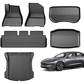 GEARMONSTER Fußmatten für Tesla Model 3 2017-2024, inkl. Highland, Allwetter TPE Gummimatten, wasserdicht & rutschfest, 3D-Scan gefertigt, Extra hoher Rand, Innenraum-Schutzmatten, Schwarz, 6-teilig