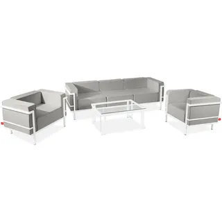 Konsimo Gartenlounge-Set TRIGLO Gartenmöbelset hergestellt in der EU, (1x Tisch, 2x Sessel, 1x Sofa 3-Sitzer, 4-tlg), Modern, handgefertigt, Stahlrahmen, mit Auflage grau|weiß