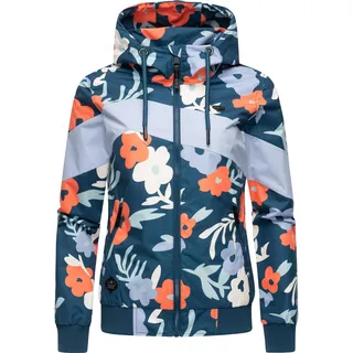 Ragwear leichte wasserdichte Damen Übergangsjacke kurz Bomberjacke mit Allover-Print und Kapuze Nuggie Block Flower Petrol Gr. M - M