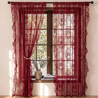 Vintage Landhaus Vorhang Spitze Durchsichtig Barock Rose Spitzengardinen | Burgunder Gardinen Schlafzimmer Wohnzimmer Transparent Prinzessin Dekoschal Dekovorhang 2 Stück 140x160