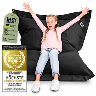 LAZY BAG® Sitzsack XL 160x125 cm - Indoor & Outdoor Sitzsack 300L Schwarz | kein Knirschen - ergonomisch & bequem mit 3 Mio. EPS-Perlen - abnehmbarer Bezug, wasserfest - Bodenkissen & Sitzkissen