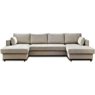 Lisa Design Anna, Wohnlandschaft U-Form, 7-Sitzer, mit Schlaffunktion und Bettkasten, aus Samt , Beige - Beige