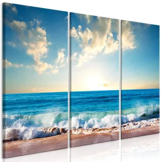 decomonkey Wandbilder Strand Meer 90x60 cm 3 Teilig Leinwandbilder Wanddeko | Strukturleinwand, Holzkeilrahmen, Bild auf Leinwand, Kunstdruck, Wohnzimmer, Wanddekoration, blau, Sonne, Himmel