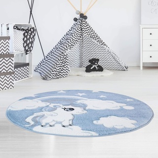 carpet city Kinderteppich Flachflor Bueno Konturenschnitt mit Einhorn Sterne Regenbogen in Blau für Kinderzimmer, Größe: 160 cm rund