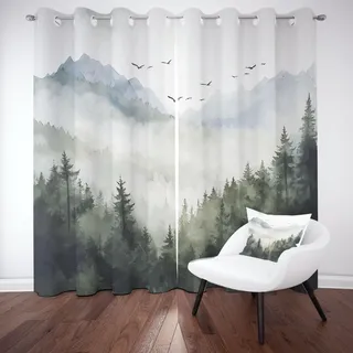 Kntnshac Natur Wald Landschaft Thermo Gardinen mit Ösen, Aquarell Dschungel Berg Blackout Curtain fur Schlafzimmer Wohnzimmer, Regenwald Nebel Schallschutz Vorhänge 2er Set 245 cm Lang 140 cm Breit