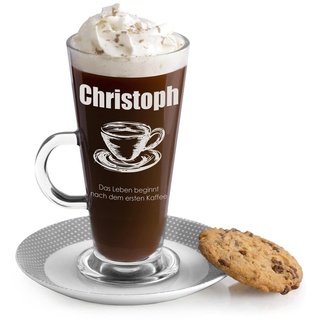 Maverton Kaffee Glas mit Gravur 360 ml - Latte Macchiato Tasse mit Griff - Cappuccino Glas - Kaffee Zubehör - Kaffeetasse für Männer zum Geburtstag - personalisiert - Name