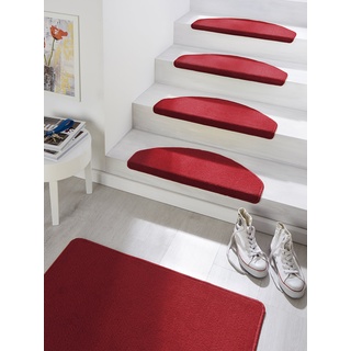 Hanse Home Stufenmatten Fancy – Treppen-Teppich Treppenmatten Selbstklebend Sicherheit Stufenteppich halbrund für Treppenstufen – Rot, ca. 23x65cm 15 Stück