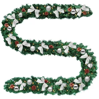 Baunsal® Weihnachtsgirlande Tannengirlande Girlande grün 5 m mit silberner Deko und Led Lichterkette mit Fernbedienung Girlande Weihnachten Weihnachtsdeko Tannengirlanden
