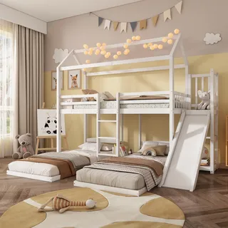 Merax Etagenbett Kinderbett 90x200cm, Hausbett mit Rutsche, Hochbett für 3 Kinder, Holzbett mit 1 Lattenrost, Rausfallschutz, Offenes Regal, Baumhaus Bett mit Dach, Kiefer+MDF, Ohne Matratze, Weiß