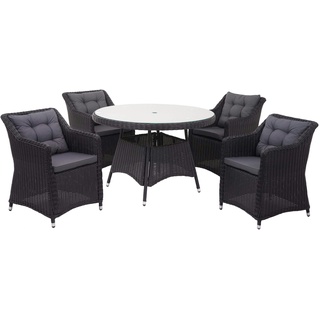 Mendler Poly-Rattan Garnitur HWC-F51, Garten-/Lounge-Set Sitzgruppe Tisch+4xStuhl, rundes Rattan anthrazit Kissen dunkelgrau